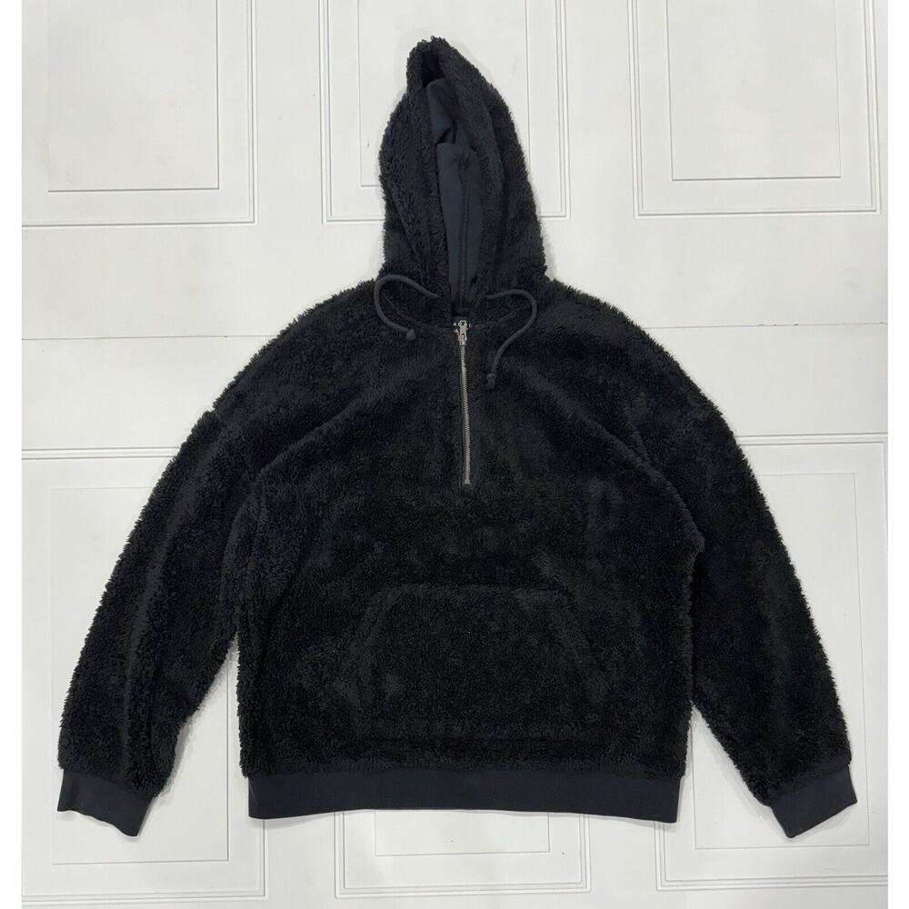 PacSun Women's Large L Black Sherpa half Zip Pocket Fuzzy Draw string Hoodie